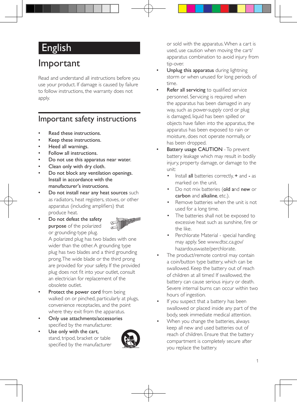 English, Important, Important safety instructions | Philips 5.1 Home theater HTB3524 3D Blu-ray WiFi User Manual | Page 3 / 124