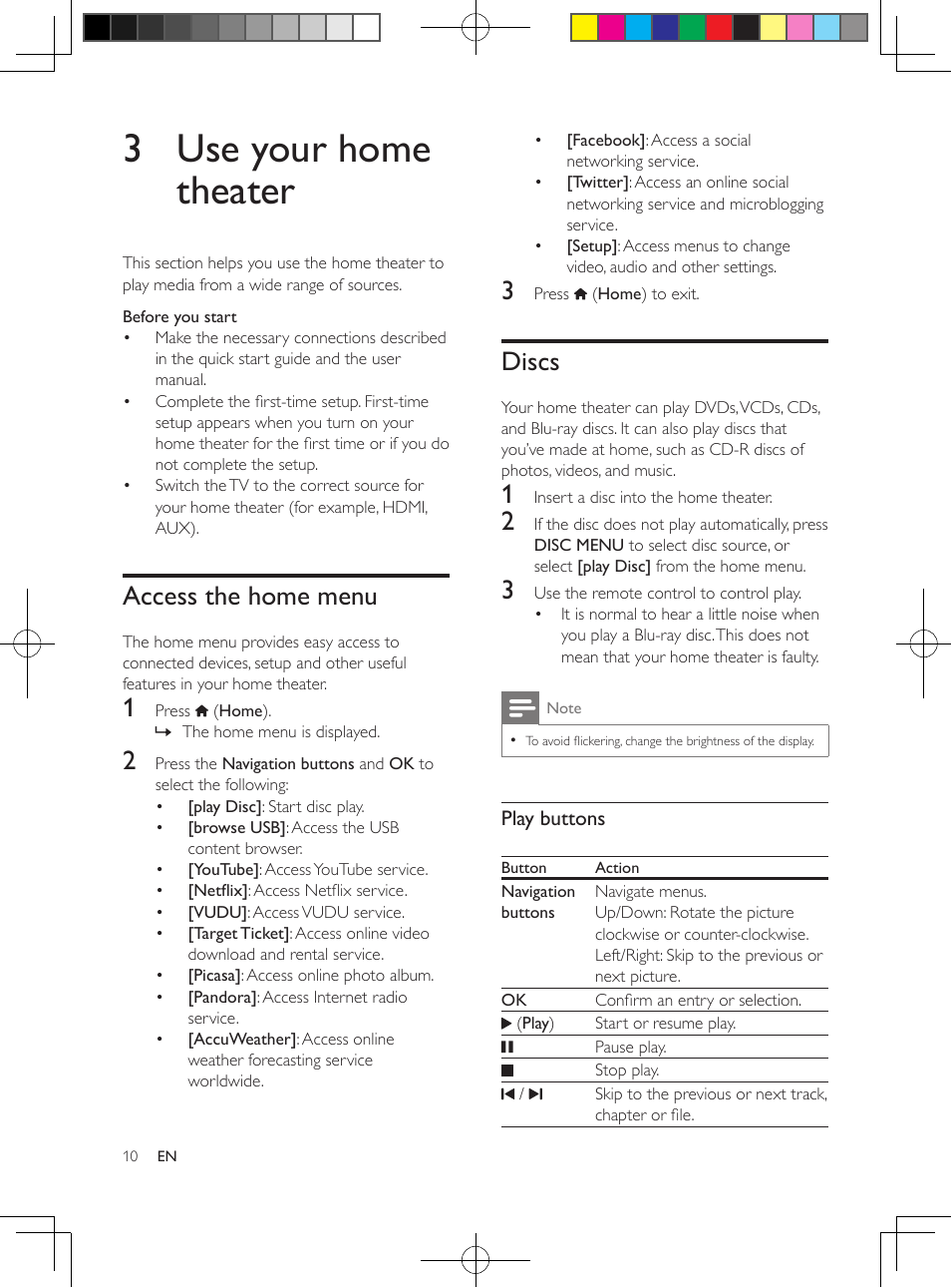 3 use your home theater, Access the home menu, Discs | Philips 5.1 Home theater HTB3524 3D Blu-ray WiFi User Manual | Page 30 / 124