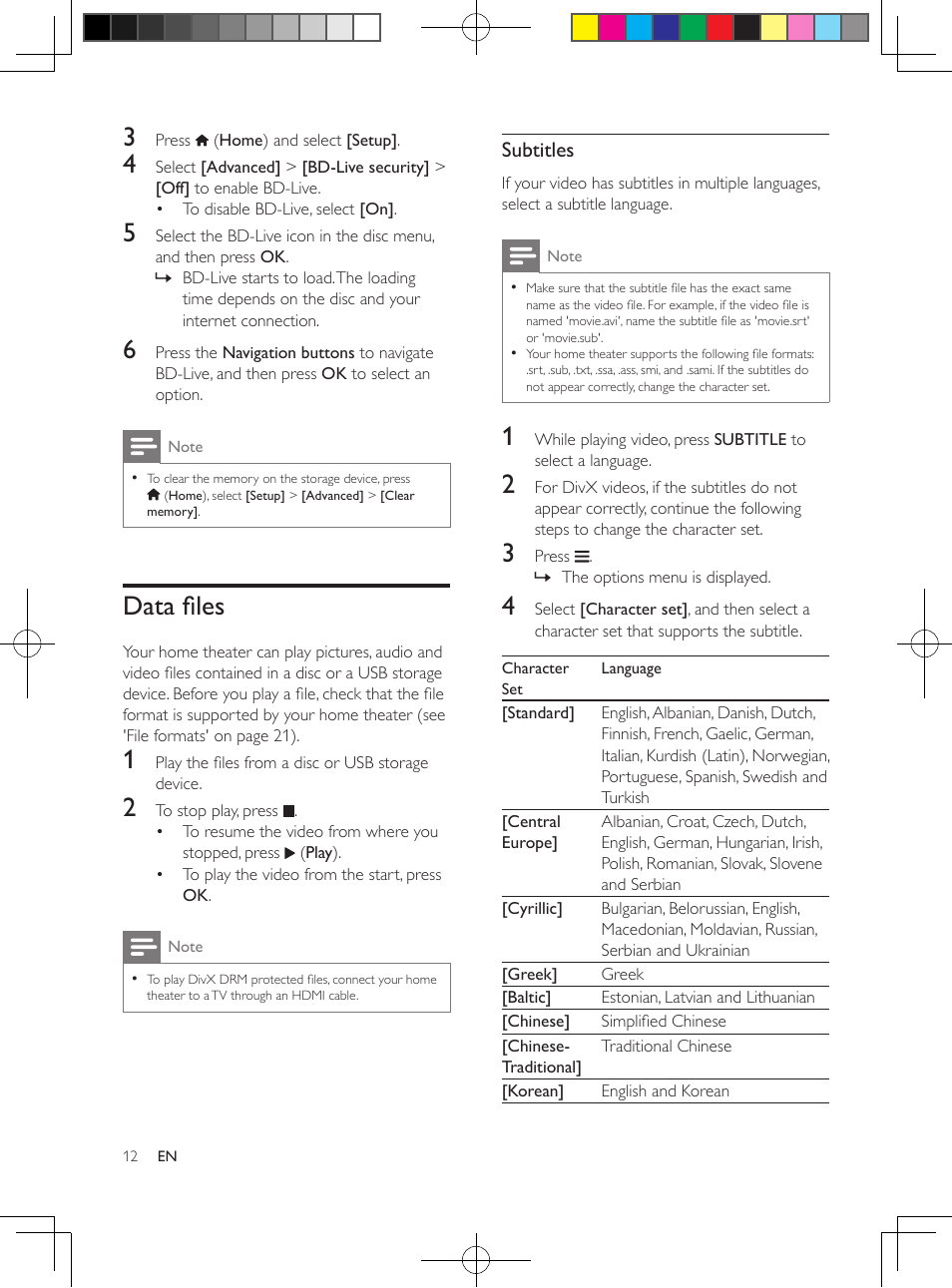 Data files, Subtitles | Philips 5.1 Home theater HTB3524 3D Blu-ray WiFi User Manual | Page 32 / 124