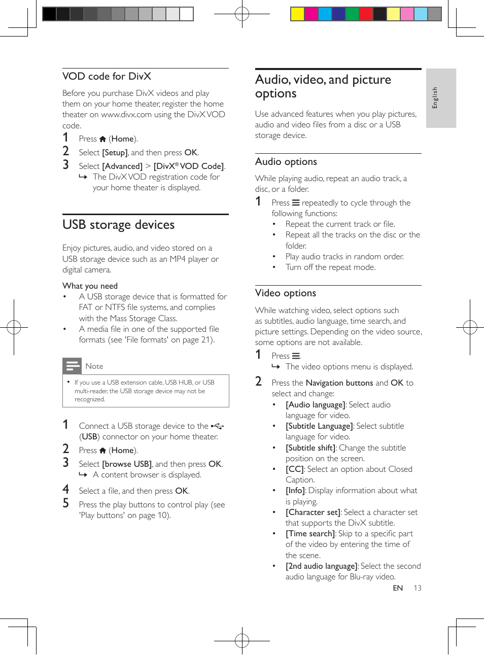 Usb storage devices, Audio, video, and picture options, Access the advanced options | When you play your audio, video, Or media files. (see 'audio | Philips 5.1 Home theater HTB3524 3D Blu-ray WiFi User Manual | Page 33 / 124