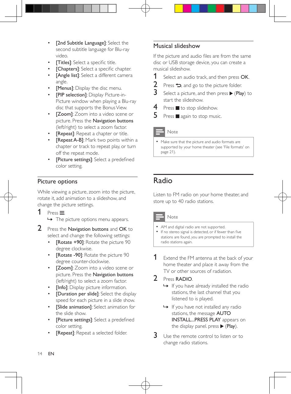 Radio, Picture options, Musical slideshow | Philips 5.1 Home theater HTB3524 3D Blu-ray WiFi User Manual | Page 34 / 124