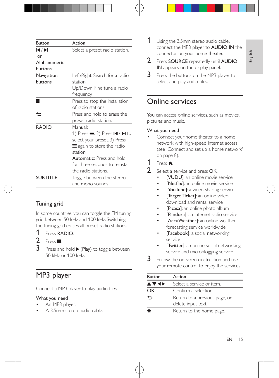 Mp3 player, Online services | Philips 5.1 Home theater HTB3524 3D Blu-ray WiFi User Manual | Page 35 / 124