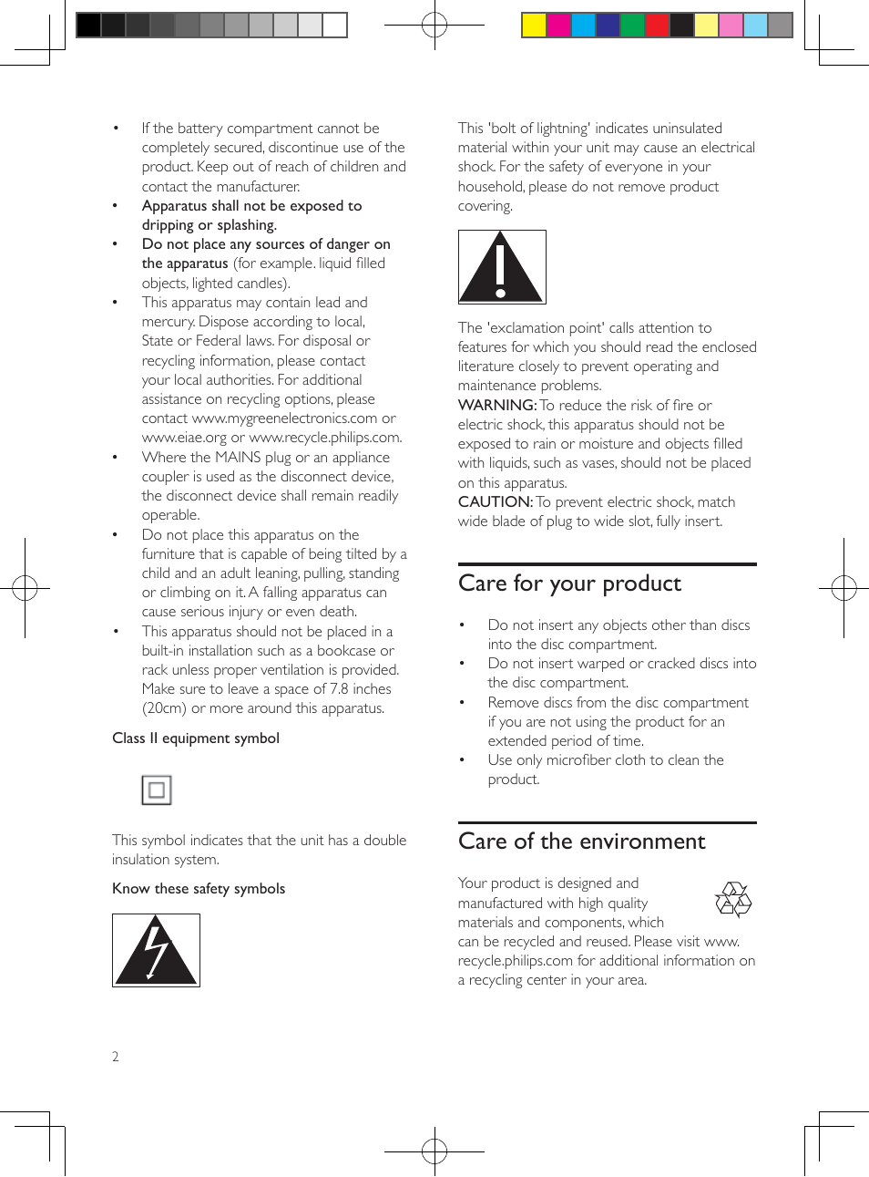 Care for your product, Care of the environment | Philips 5.1 Home theater HTB3524 3D Blu-ray WiFi User Manual | Page 4 / 124