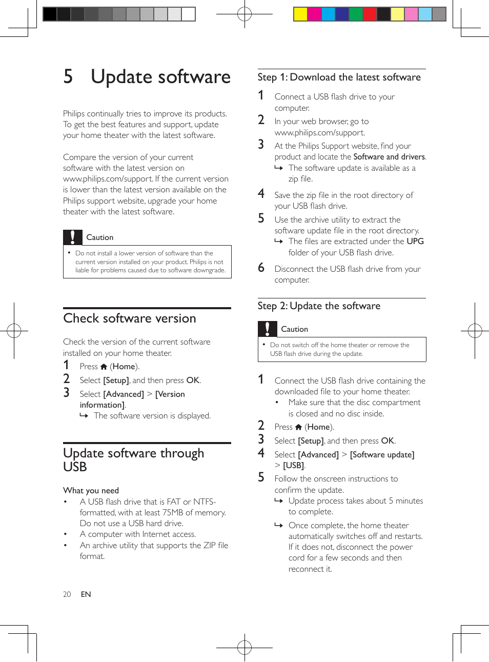 5 update software, Check software version, Update software through usb | Philips 5.1 Home theater HTB3524 3D Blu-ray WiFi User Manual | Page 40 / 124