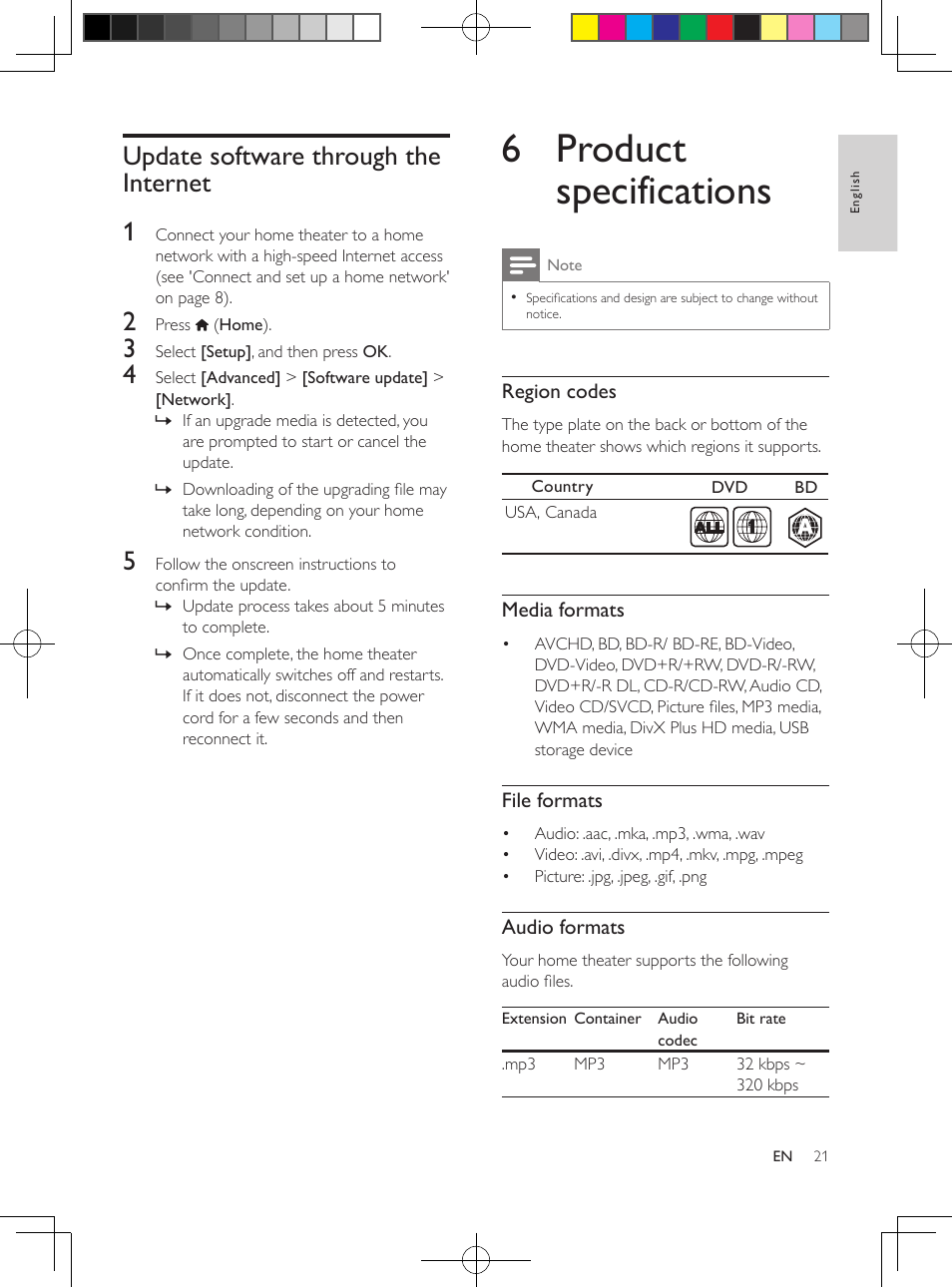 Update software through the internet, 6 product specifications, Update software through the internet 21 | A media file in one of the supported file, Formats | Philips 5.1 Home theater HTB3524 3D Blu-ray WiFi User Manual | Page 41 / 124