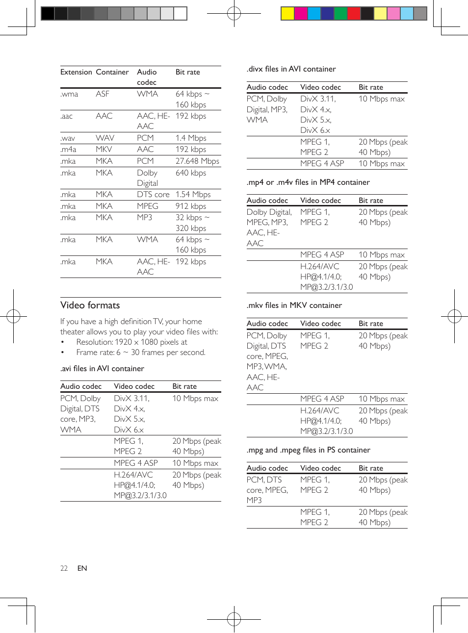 Video formats | Philips 5.1 Home theater HTB3524 3D Blu-ray WiFi User Manual | Page 42 / 124