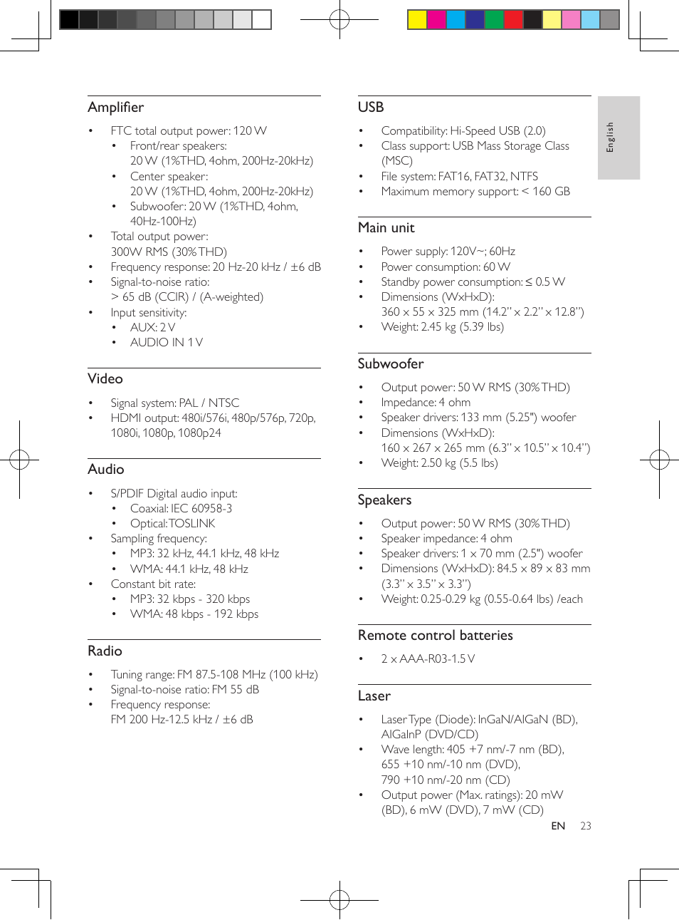 Amplifier, Video, Audio | Radio, Main unit, Subwoofer, Speakers, Remote control batteries, Laser | Philips 5.1 Home theater HTB3524 3D Blu-ray WiFi User Manual | Page 43 / 124