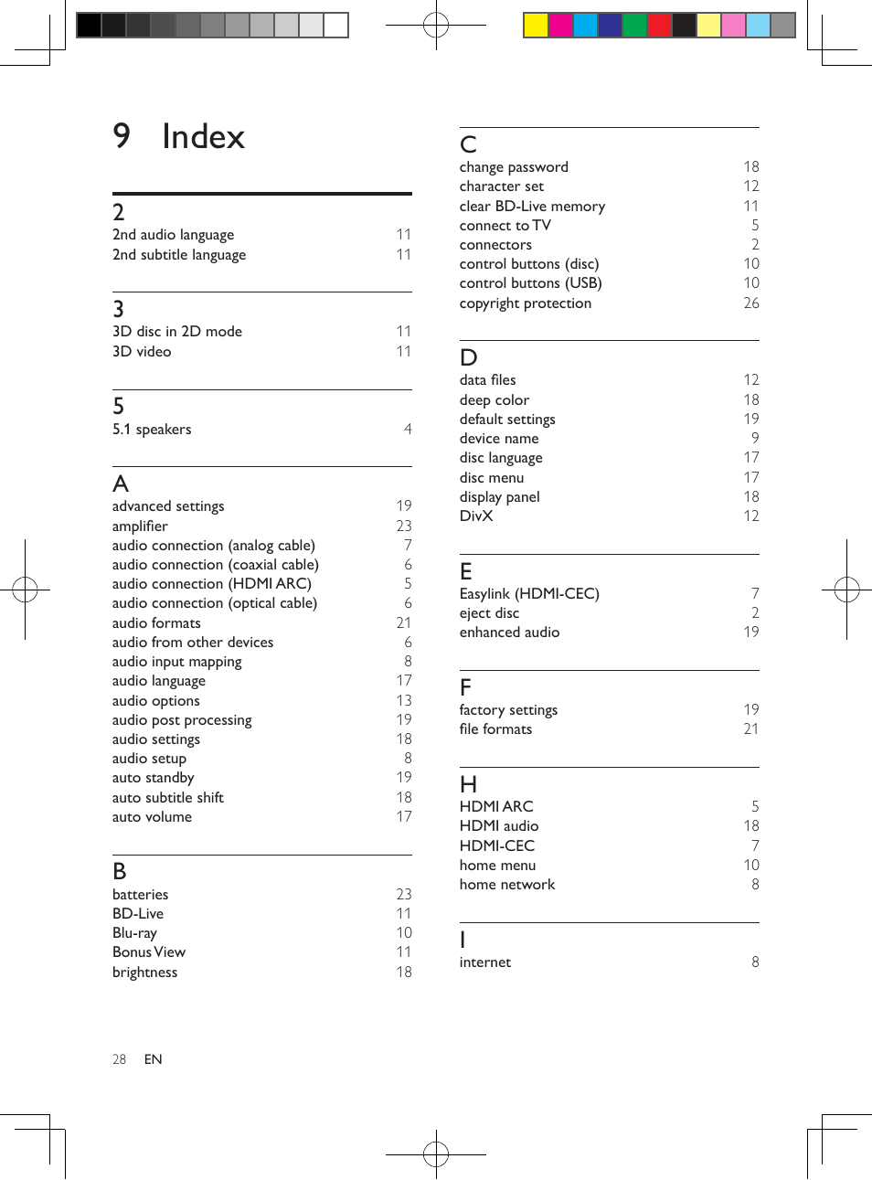 9 index | Philips 5.1 Home theater HTB3524 3D Blu-ray WiFi User Manual | Page 48 / 124