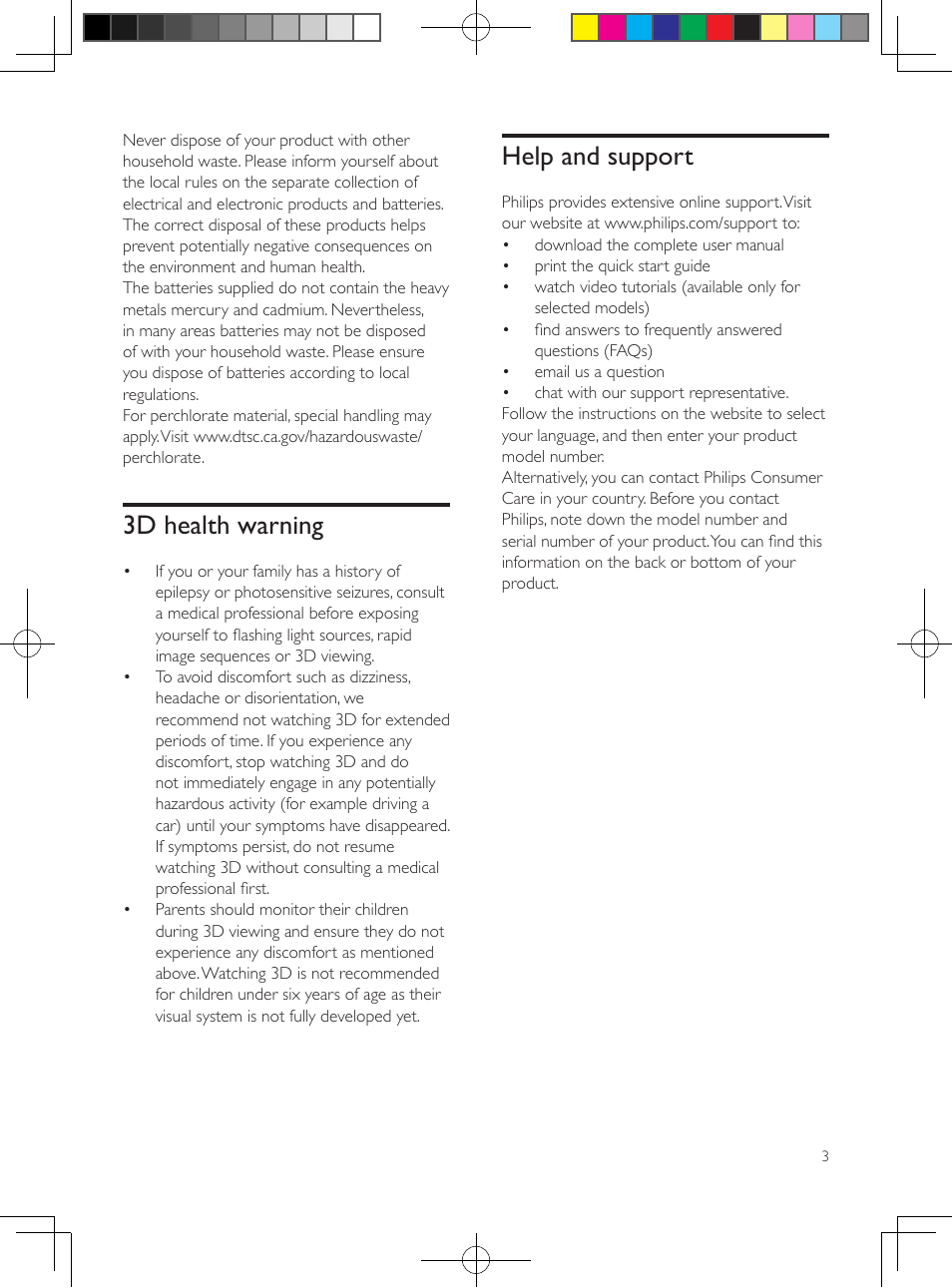 3d health warning, Help and support | Philips 5.1 Home theater HTB3524 3D Blu-ray WiFi User Manual | Page 5 / 124
