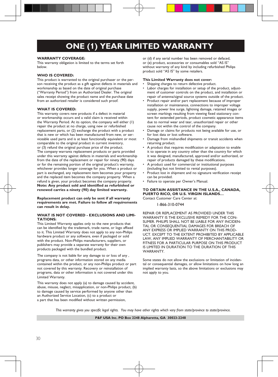 One (1) year limited warranty | Philips 5.1 Home theater HTB3524 3D Blu-ray WiFi User Manual | Page 50 / 124