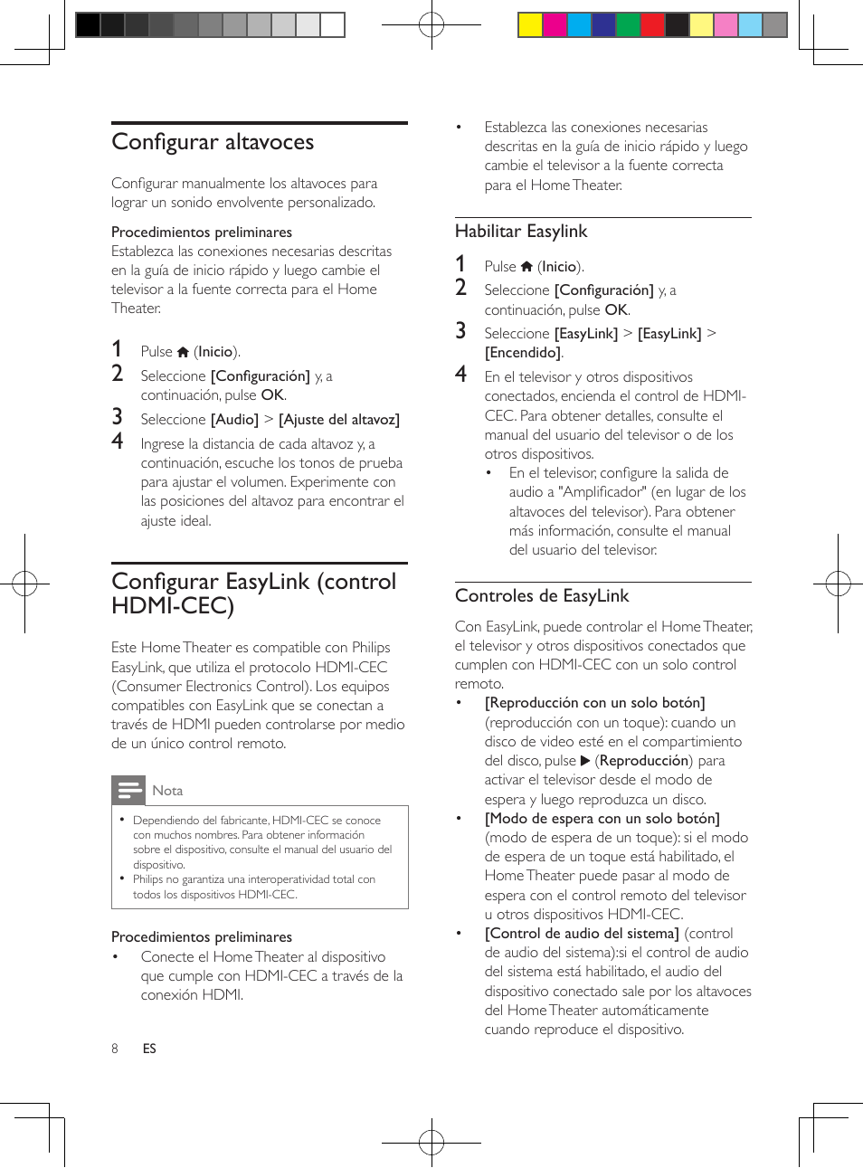 Configurar altavoces, Configurar easylink (control hdmi-cec), Configurar easylink (control hdmi-cec) 8 | Hdmi-cec es una función que, Permite controlar los dispositivos, Compatibles con cec que están, Conectados vía hdmi con un único, Mando a distancia; por ejemplo, Permite controlar el volumen del, Televisor y el home theater | Philips 5.1 Home theater HTB3524 3D Blu-ray WiFi User Manual | Page 58 / 124