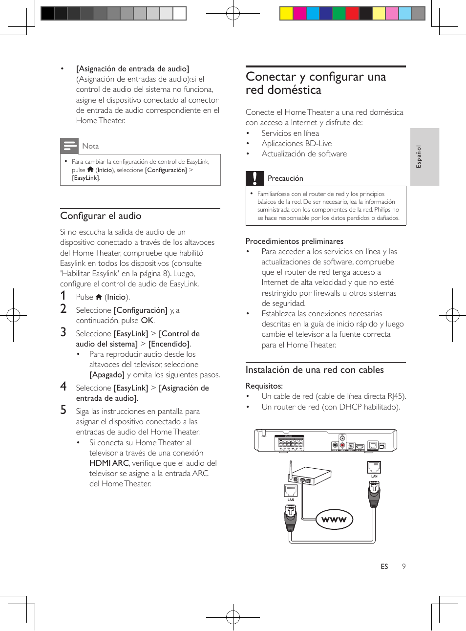 Conectar y configurar una red doméstica, Conectar y configurar una red doméstica 9, Si no escucha el audio del televisor por | El home theater, configure el audio, Manualmente | Philips 5.1 Home theater HTB3524 3D Blu-ray WiFi User Manual | Page 59 / 124