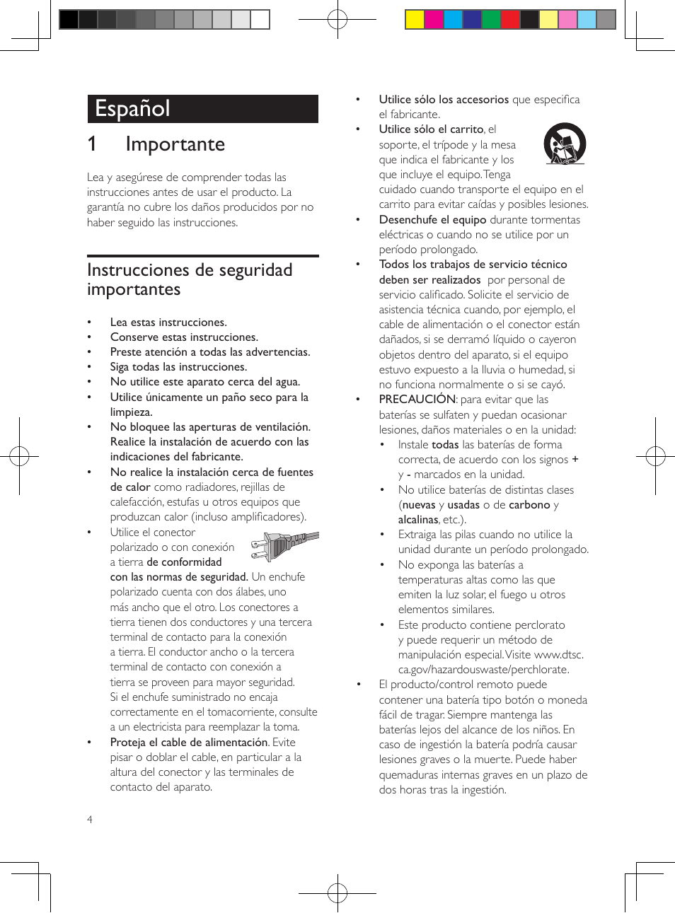 Español, 1 importante, Instrucciones de seguridad importantes | Philips 5.1 Home theater HTB3524 3D Blu-ray WiFi User Manual | Page 6 / 124