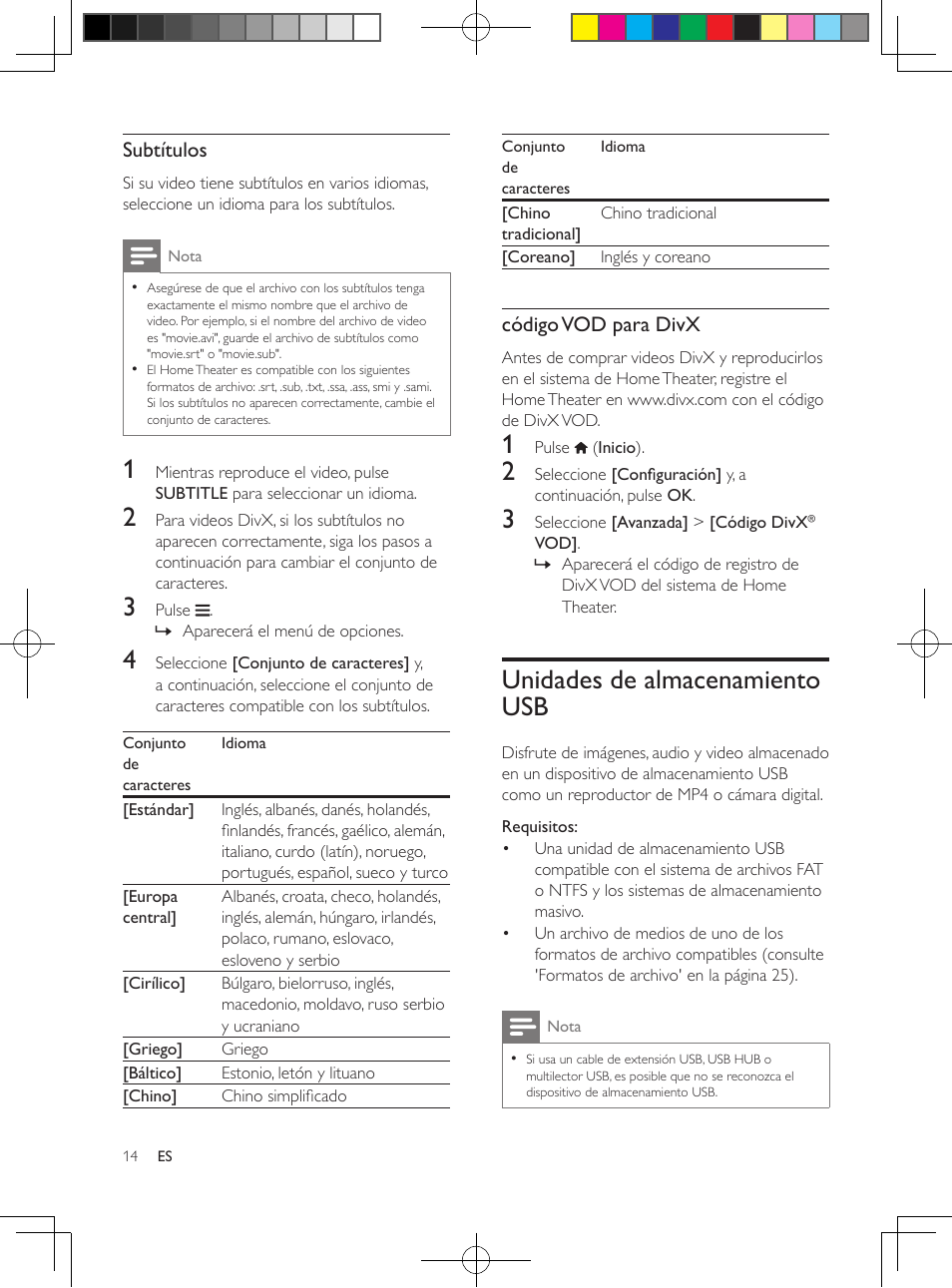 Unidades de almacenamiento usb, Subtítulos, Código vod para divx | Philips 5.1 Home theater HTB3524 3D Blu-ray WiFi User Manual | Page 64 / 124