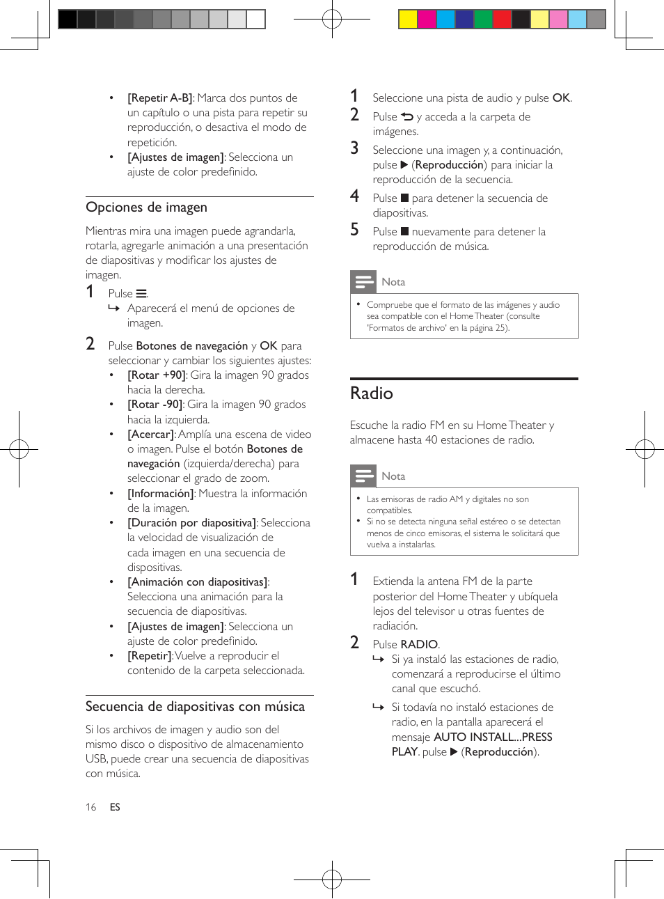 Radio, Opciones de imagen, Secuencia de diapositivas con música | Philips 5.1 Home theater HTB3524 3D Blu-ray WiFi User Manual | Page 66 / 124