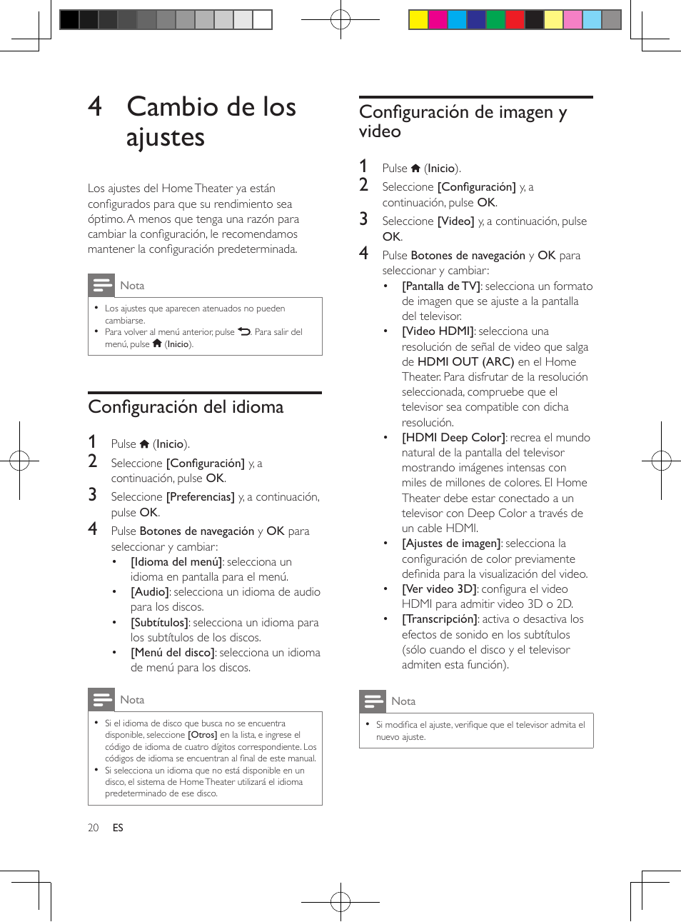 4 cambio de los ajustes, Configuración del idioma, Configuración de imagen y video | Configuración del idioma 1, Configuración de imagen y video 1 | Philips 5.1 Home theater HTB3524 3D Blu-ray WiFi User Manual | Page 70 / 124
