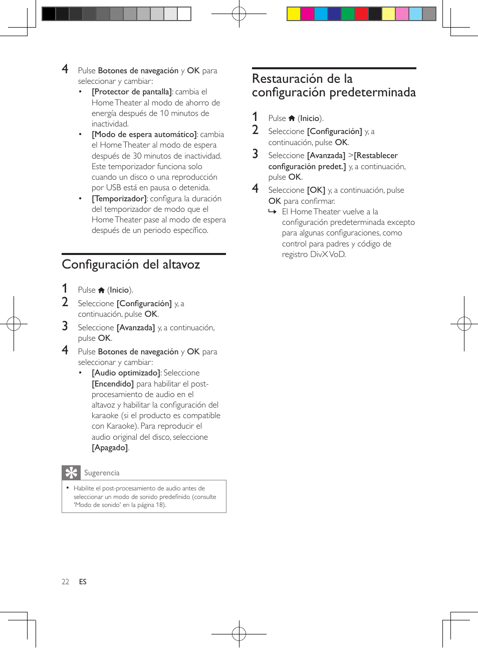 Configuración del altavoz, Restauración de la configuración predeterminada, Restauración de la configuración | Predeterminada, Configuración del altavoz 1, Restauración de la configuración predeterminada 1 | Philips 5.1 Home theater HTB3524 3D Blu-ray WiFi User Manual | Page 72 / 124