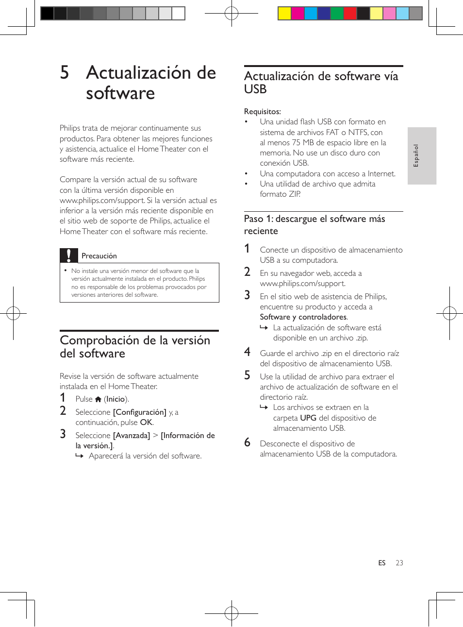 5 actualización de software, Comprobación de la versión del software, Actualización de software vía usb | Comprobación de la versión del software 23 | Philips 5.1 Home theater HTB3524 3D Blu-ray WiFi User Manual | Page 73 / 124