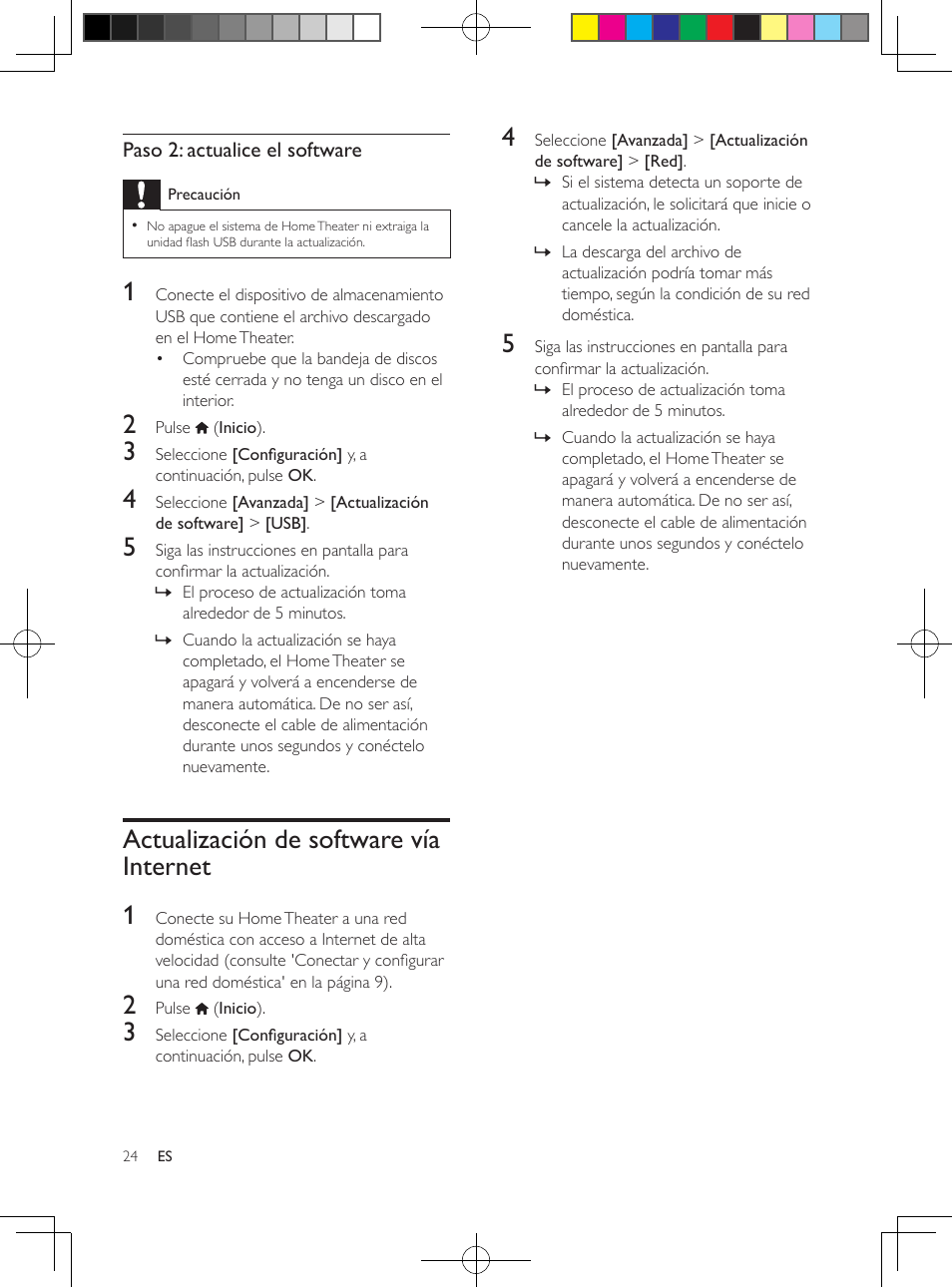 Actualización de software vía internet, Actualización de software vía internet 24 | Philips 5.1 Home theater HTB3524 3D Blu-ray WiFi User Manual | Page 74 / 124