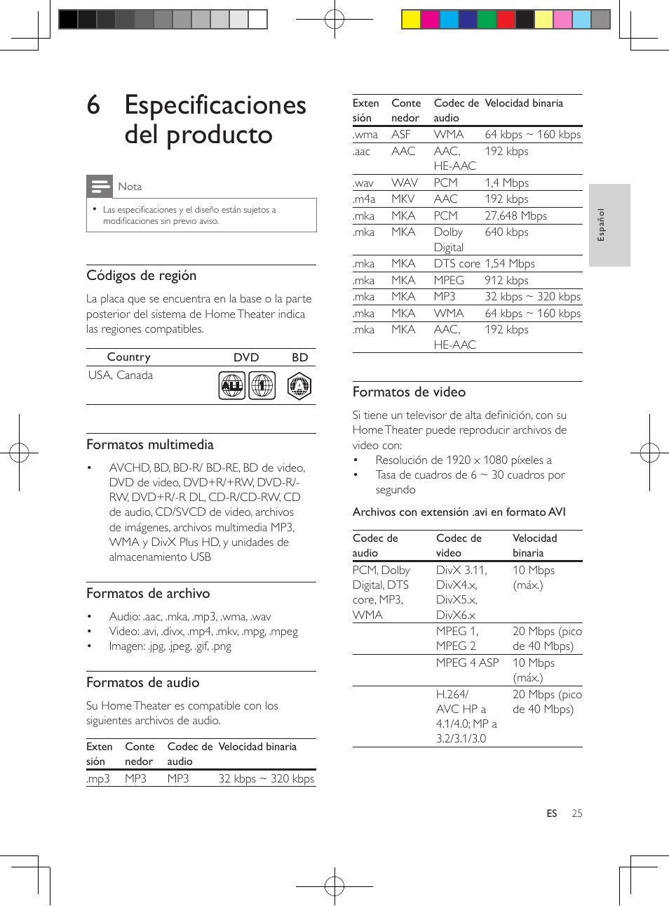 6 especificaciones del producto, Antes de reproducir un archivo, verifique, Que el formato del archivo sea compatible | Con el home theater | Philips 5.1 Home theater HTB3524 3D Blu-ray WiFi User Manual | Page 75 / 124