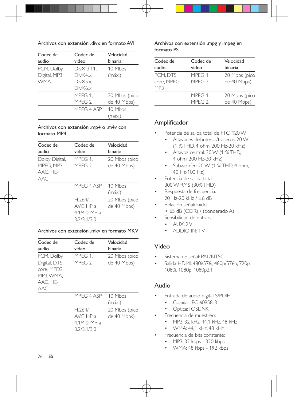 Amplificador, Video, Audio | Philips 5.1 Home theater HTB3524 3D Blu-ray WiFi User Manual | Page 76 / 124