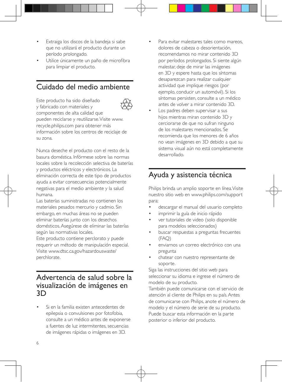 Cuidado del medio ambiente, Ayuda y asistencia técnica | Philips 5.1 Home theater HTB3524 3D Blu-ray WiFi User Manual | Page 8 / 124