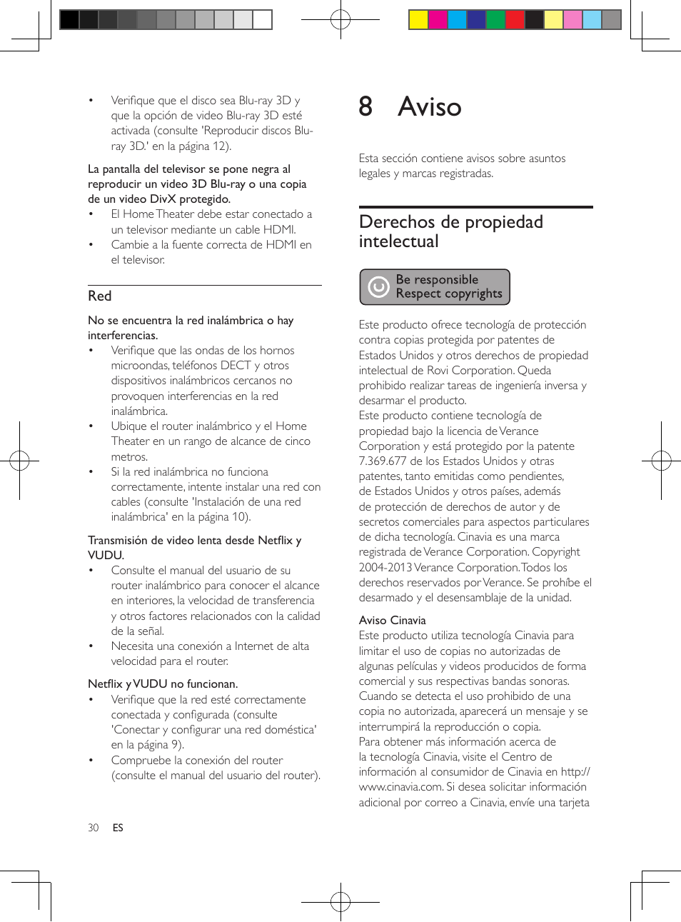 8 aviso, Derechos de propiedad intelectual | Philips 5.1 Home theater HTB3524 3D Blu-ray WiFi User Manual | Page 80 / 124