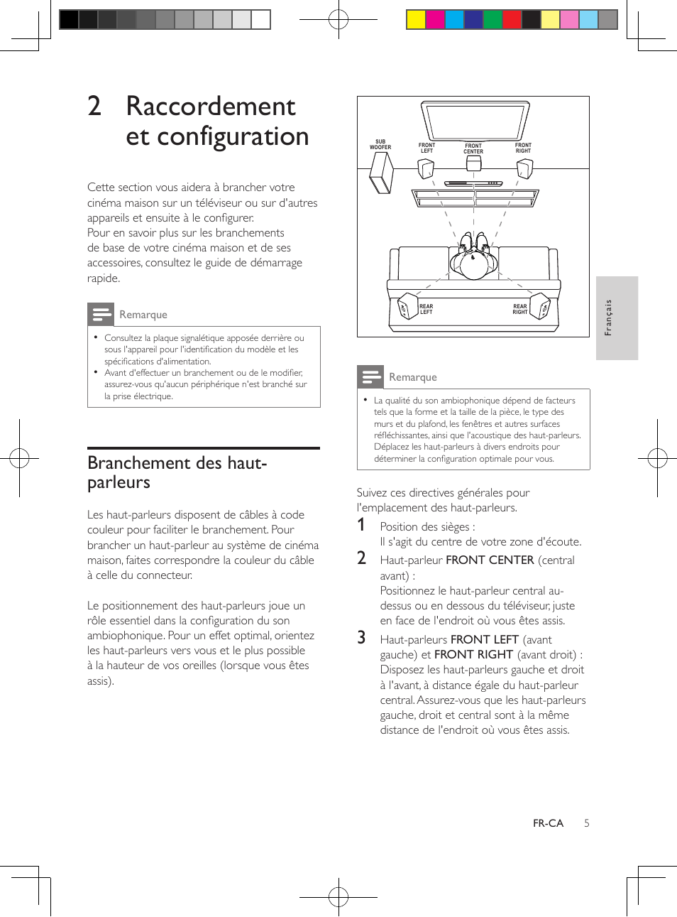 2 raccordement et configuration, Branchement des haut-parleurs, Branchement des haut- parleurs | Philips 5.1 Home theater HTB3524 3D Blu-ray WiFi User Manual | Page 91 / 124