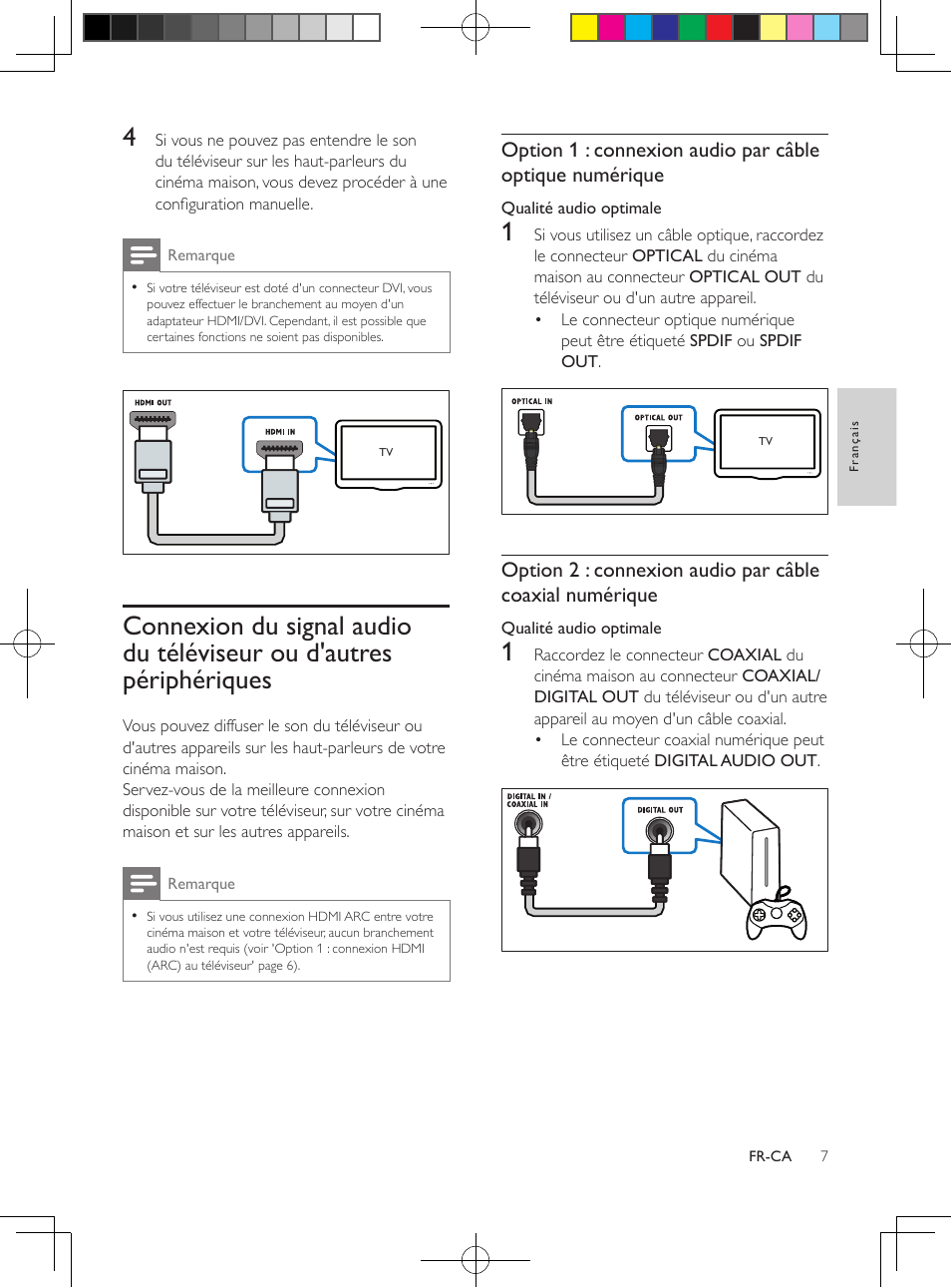 Connexion du signal audio du, Téléviseur ou d'autres périphériques, Branchez un câble audio pour diffuser le | Son du téléviseur sur les haut-parleurs, Du cinéma maison (v | Philips 5.1 Home theater HTB3524 3D Blu-ray WiFi User Manual | Page 93 / 124