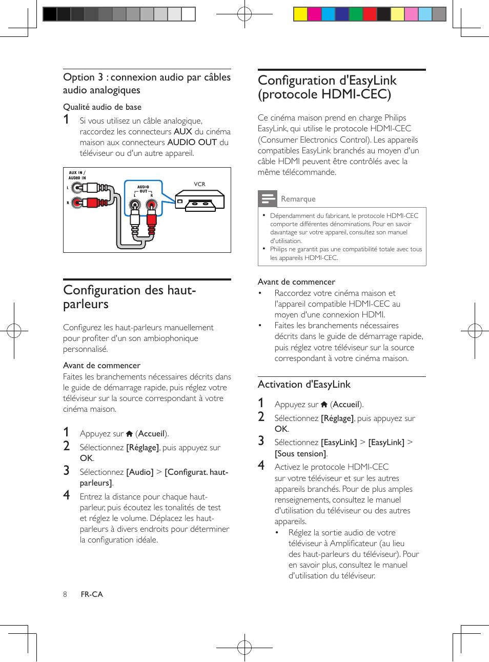 Configuration des haut-parleurs, Configuration d'easylink (protocole hdmi-cec), Configuration d'easylink (protocole | Hdmi-cec), Le protocole hdmi-cec active les, Appareils cec connectés par câble, Hdmi, de façon à ce que vous puissiez, Les commander au moyen d'une, Télécommande unique. vous pouvez, Par exemple régler le volume du | Philips 5.1 Home theater HTB3524 3D Blu-ray WiFi User Manual | Page 94 / 124