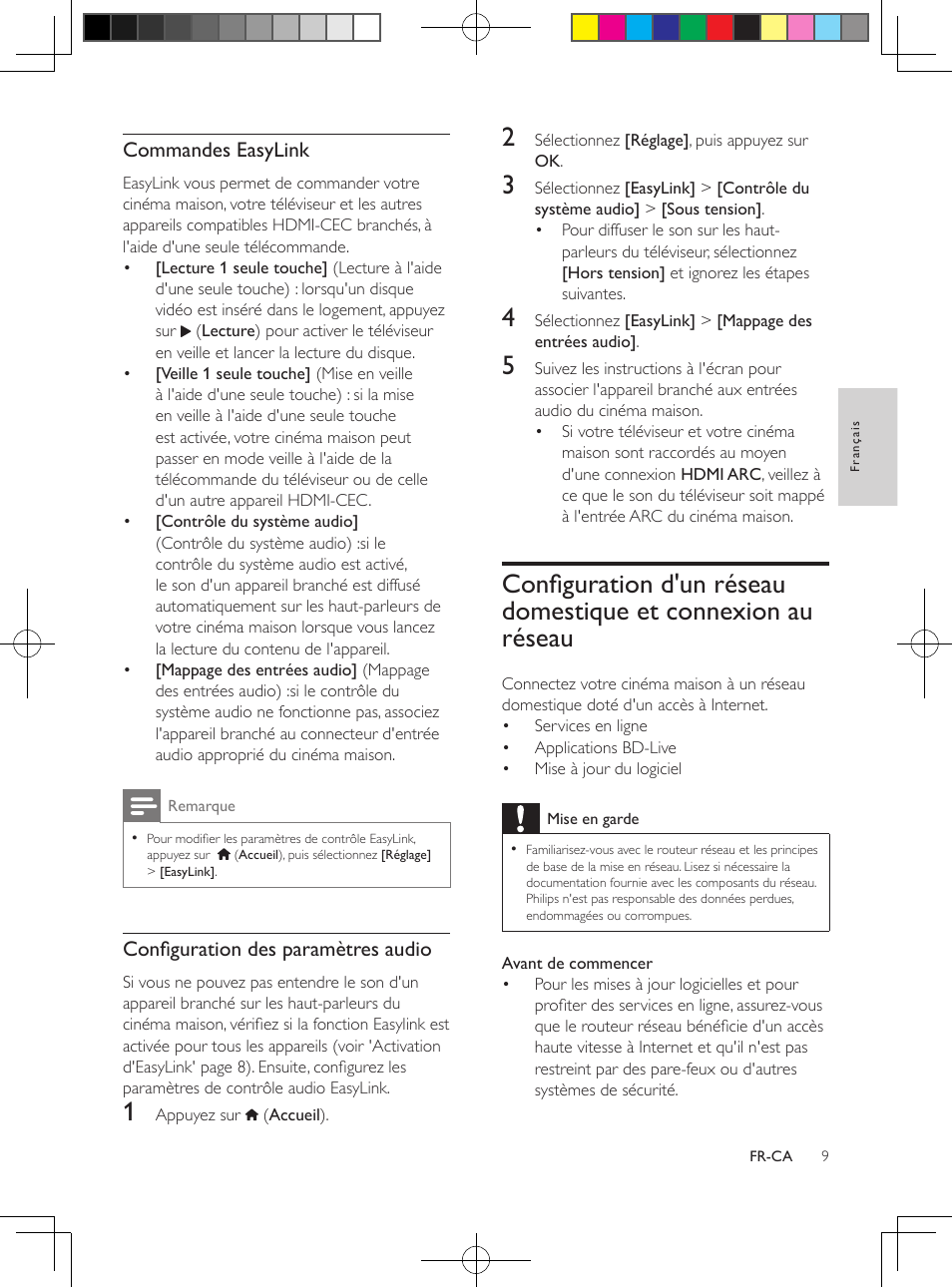 Configuration d'un réseau domestique, Et connexion au réseau, Si vous ne pouvez pas entendre le son | Du téléviseur sur les haut-parleurs du, Cinéma maison, vous devez procéder, À une configuration manuelle, Commandes easylink, Configuration des paramètres audio | Philips 5.1 Home theater HTB3524 3D Blu-ray WiFi User Manual | Page 95 / 124