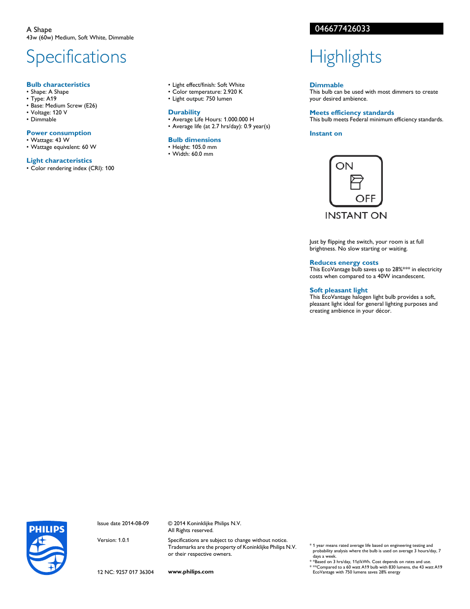 Specifications, Highlights | Philips 046677426033 User Manual | Page 2 / 2
