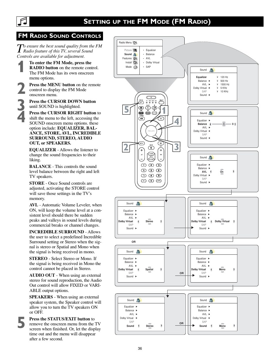 Fm m, Fm r, Etting up the | Adio, Ound, Ontrols | Philips 17PF9946-37 User Manual | Page 36 / 48