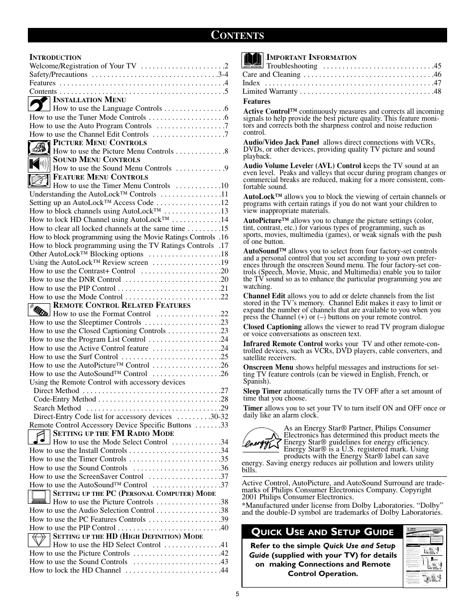 Ontents, Fm r | Philips 17PF9946-37 User Manual | Page 5 / 48