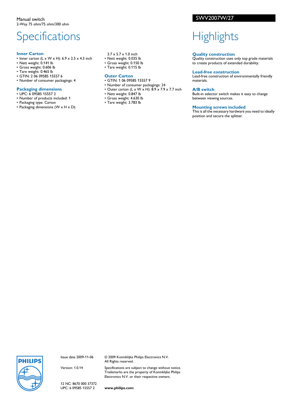 Specifications, Highlights | Philips SWV2007W-27 User Manual | Page 2 / 2