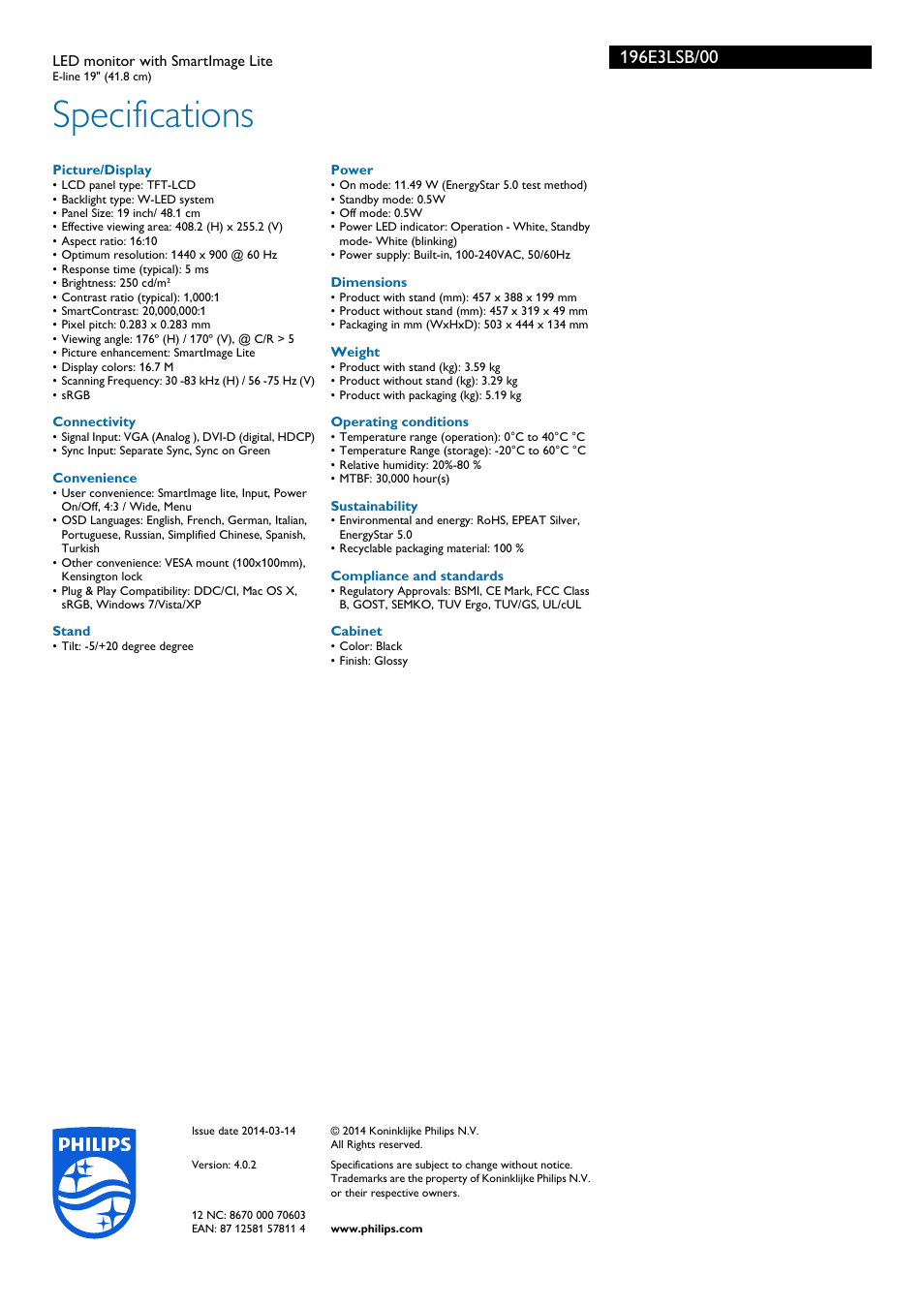 Specifications | Philips 196E3LSB-00 User Manual | Page 3 / 3