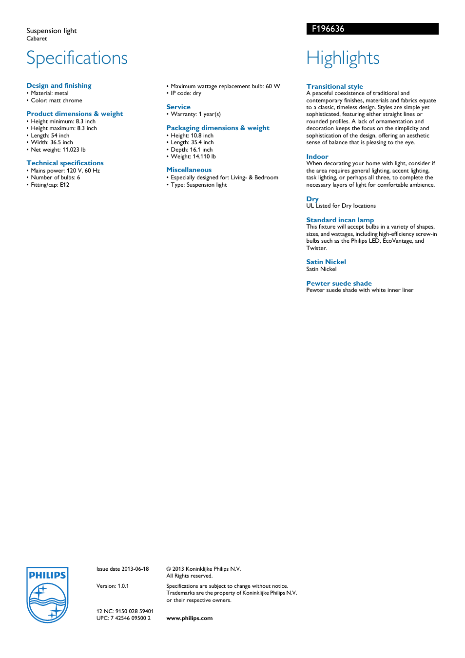 Specifications, Highlights | Philips F196636 User Manual | Page 2 / 2