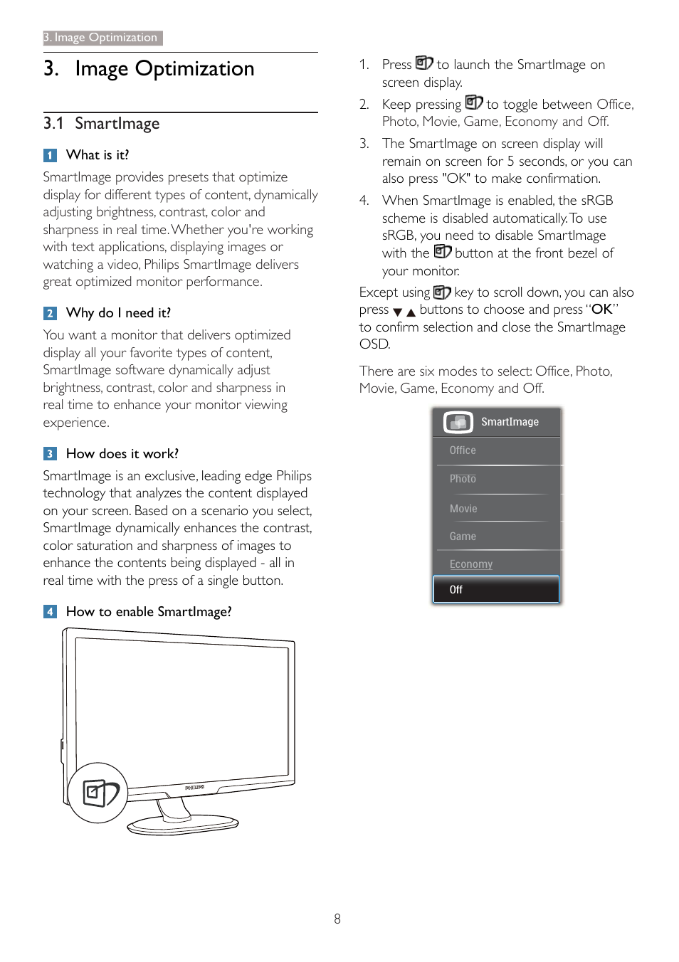 Image optimization, 1 smartimage | Philips 273P3LPHEB-27 User Manual | Page 10 / 47