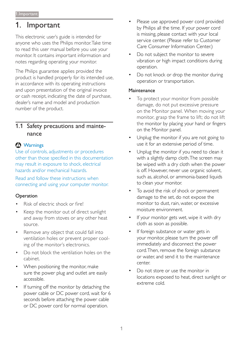 Important, 1 safety precautions and mainte- nance | Philips 273P3LPHEB-27 User Manual | Page 3 / 47