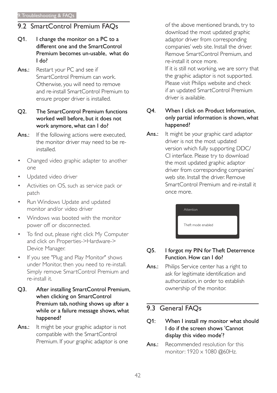 2 smartcontrol premium faqs, 3 general faqs | Philips 273P3LPHEB-27 User Manual | Page 44 / 47