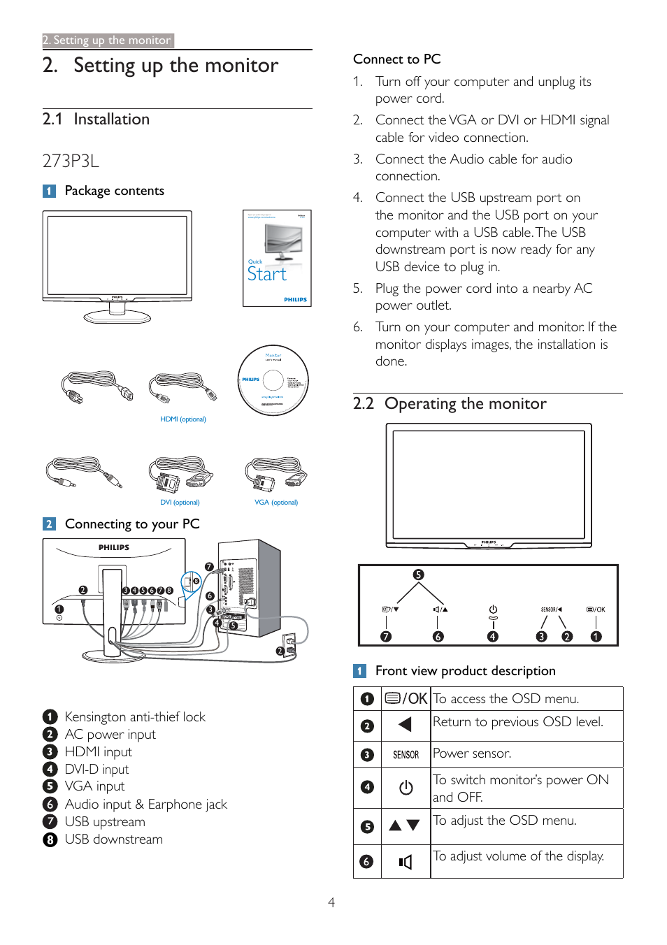 Setting up the monitor, Start, 273p3l | 2 operating the monitor, 1 installation, Package contents, Connecting to your pc, Usb downstream | Philips 273P3LPHEB-27 User Manual | Page 6 / 47