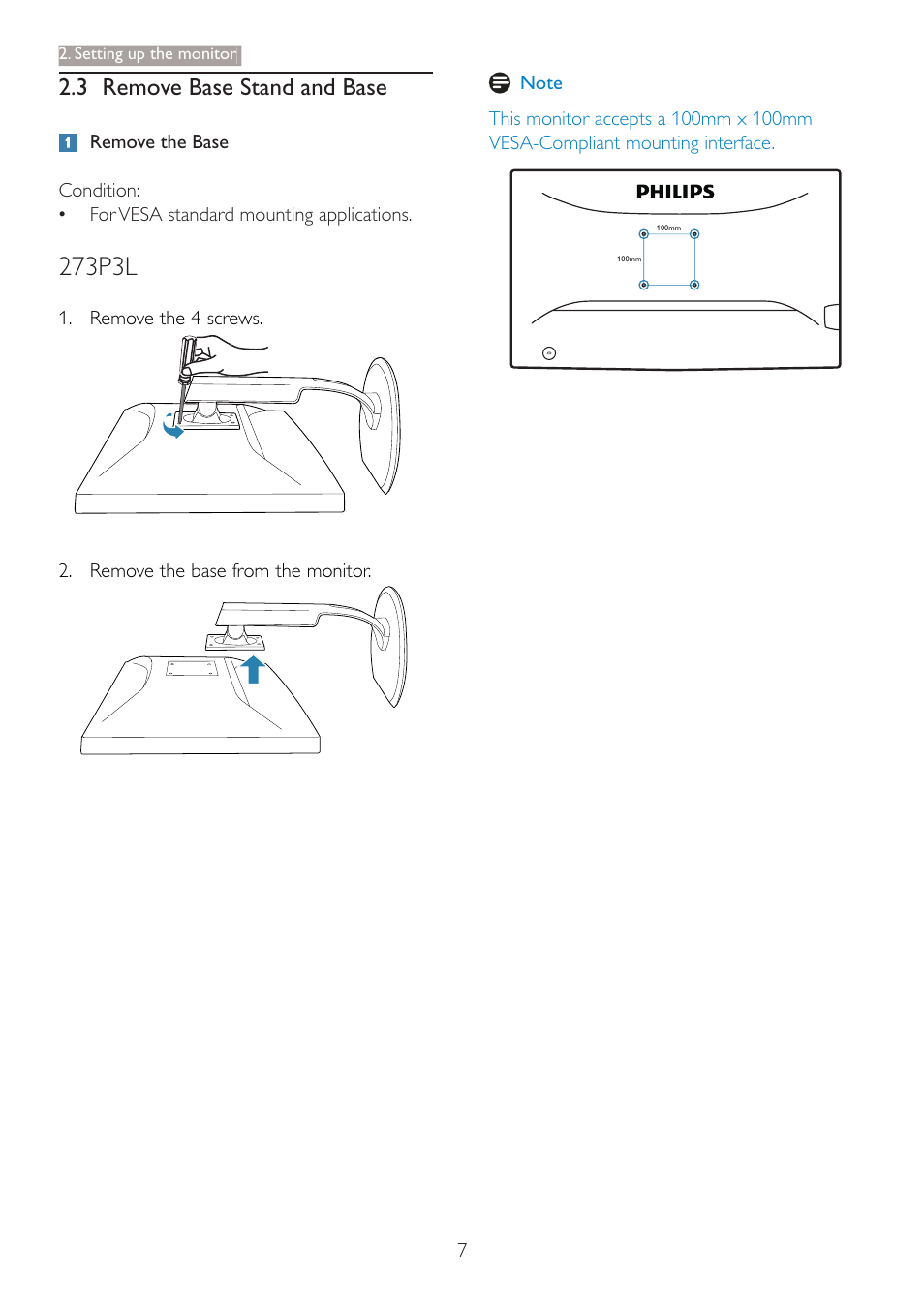 273p3l, 3 remove base stand and base | Philips 273P3LPHEB-27 User Manual | Page 9 / 47