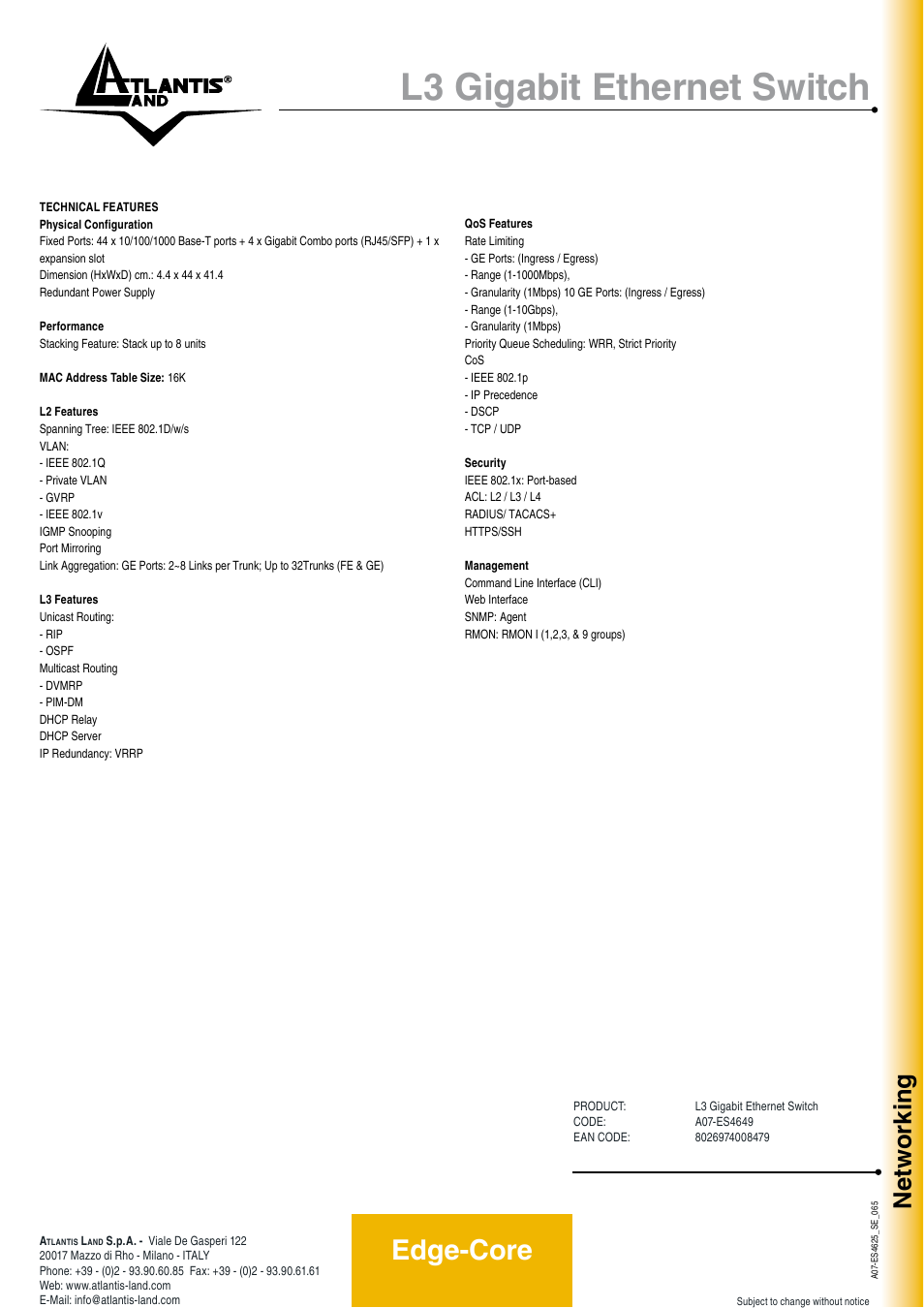 L3 gigabit ethernet switch, Edge-core, Networking | Atlantis Land A07-ES4649 User Manual | Page 2 / 2
