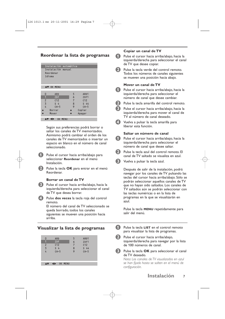 Instalación, Reordenar la lista de programas, Visualizar la lista de programas | Philips 20LCD35 User Manual | Page 108 / 142