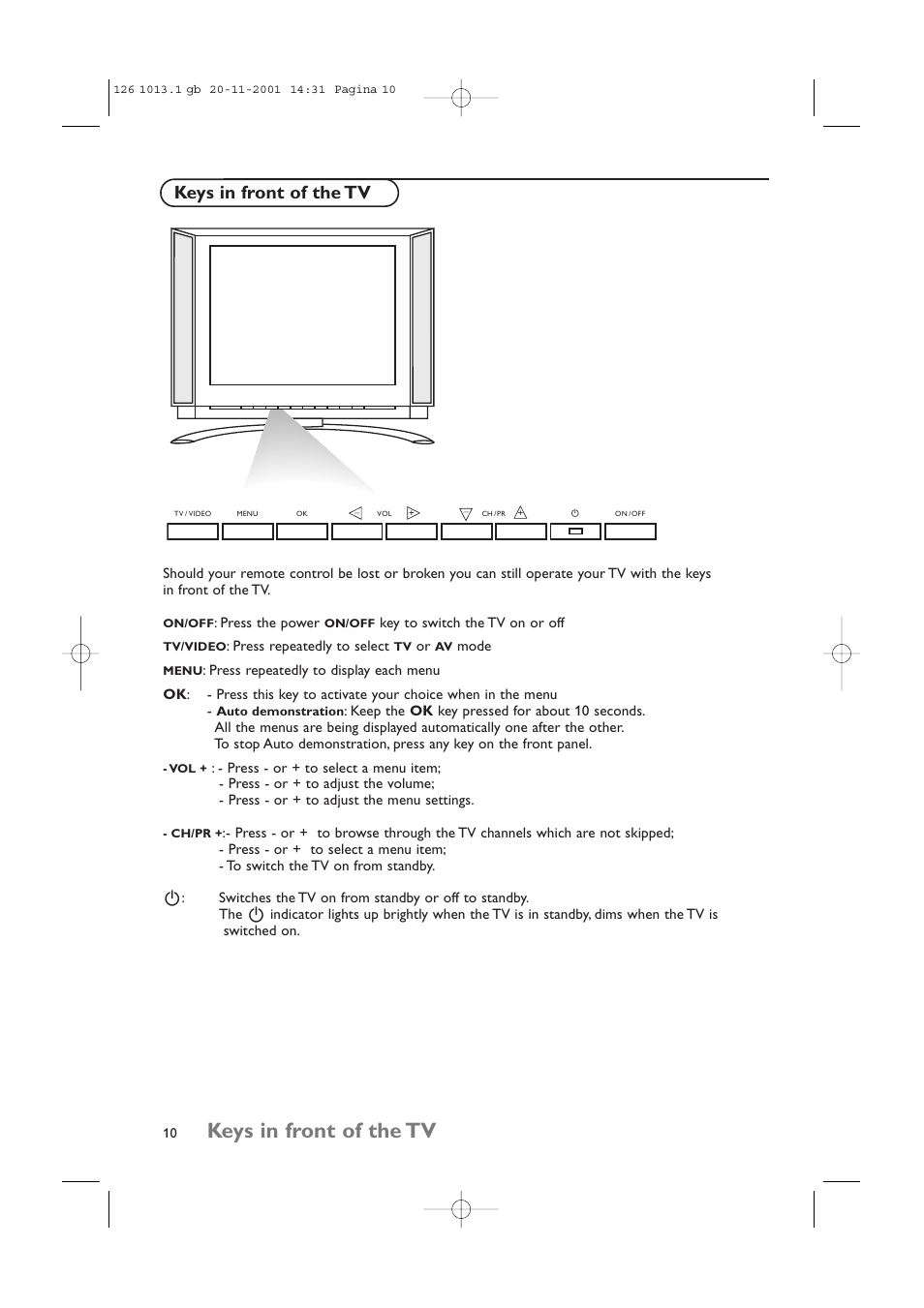 Keys in front of the tv | Philips 20LCD35 User Manual | Page 11 / 142