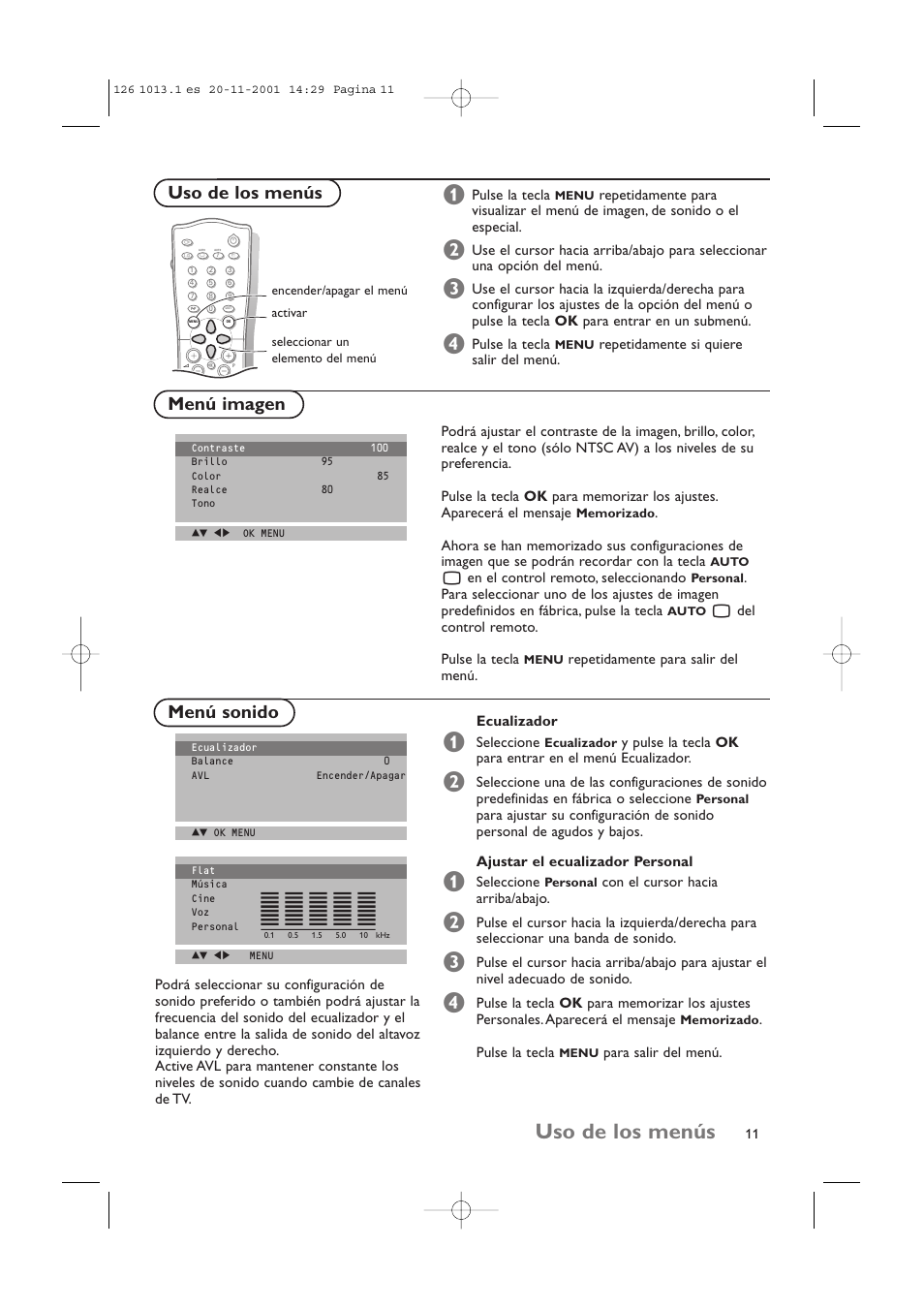 Uso de los menús, Menú imagen menú sonido uso de los menús | Philips 20LCD35 User Manual | Page 112 / 142