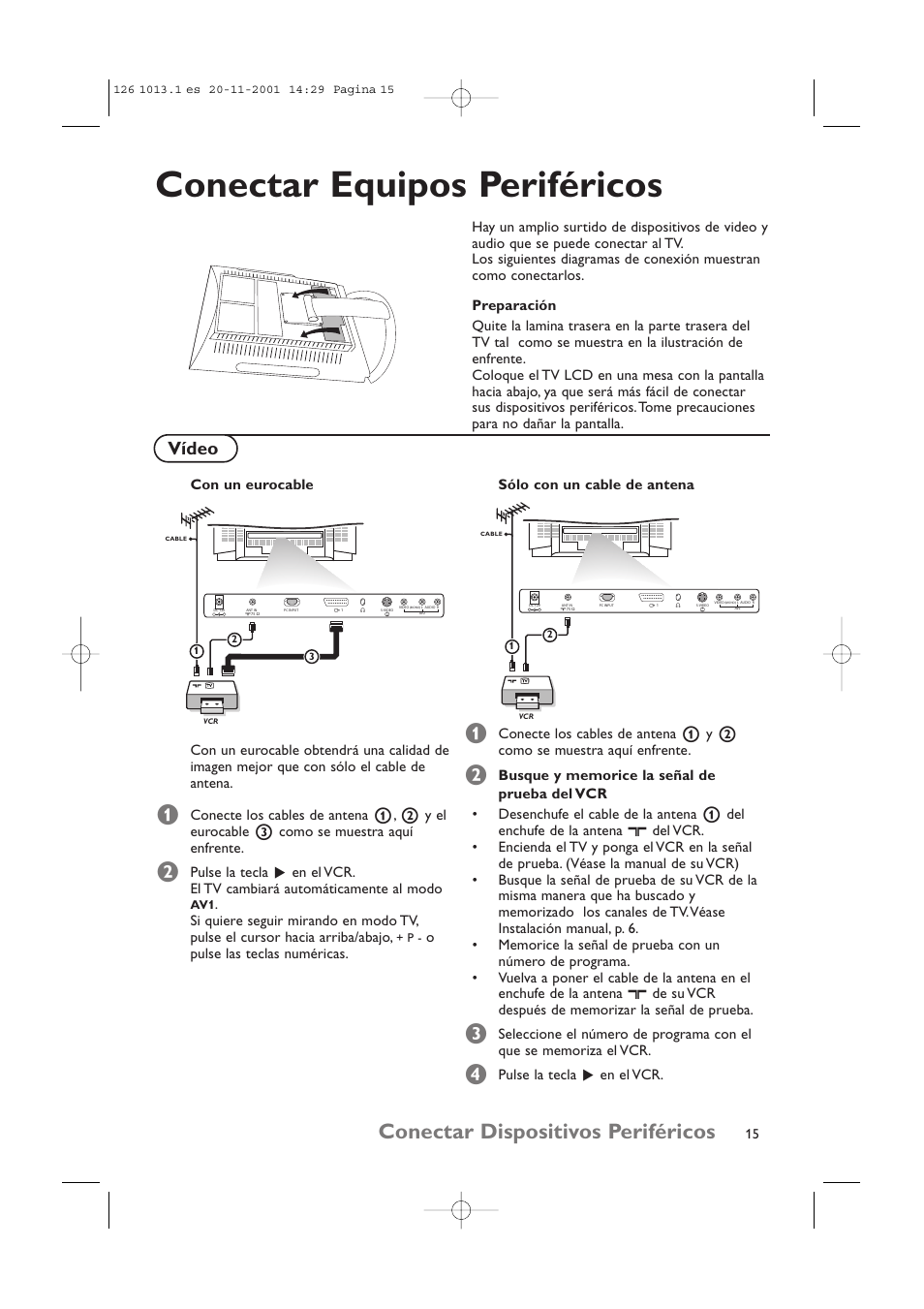 Conectar equipos periféricos, Conectar dispositivos periféricos, Vídeo | Pulse la tecla π en el vcr | Philips 20LCD35 User Manual | Page 116 / 142