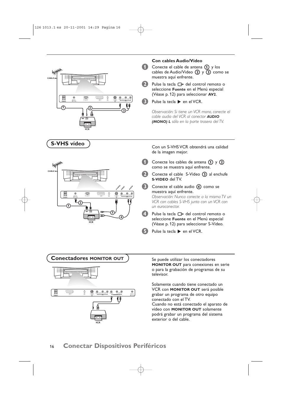 Conectar dispositivos periféricos, S-vhs vídeo, Conectadores | Con cables audio/vídeo, Pulse la tecla w del control remoto o seleccione, En el menú especial (véase p. 12) para seleccionar, Sólo en la parte trasera del tv, Conecte el cable s-vídeo 3 al enchufe, Del tv, Pulse la tecla π en el vcr | Philips 20LCD35 User Manual | Page 117 / 142