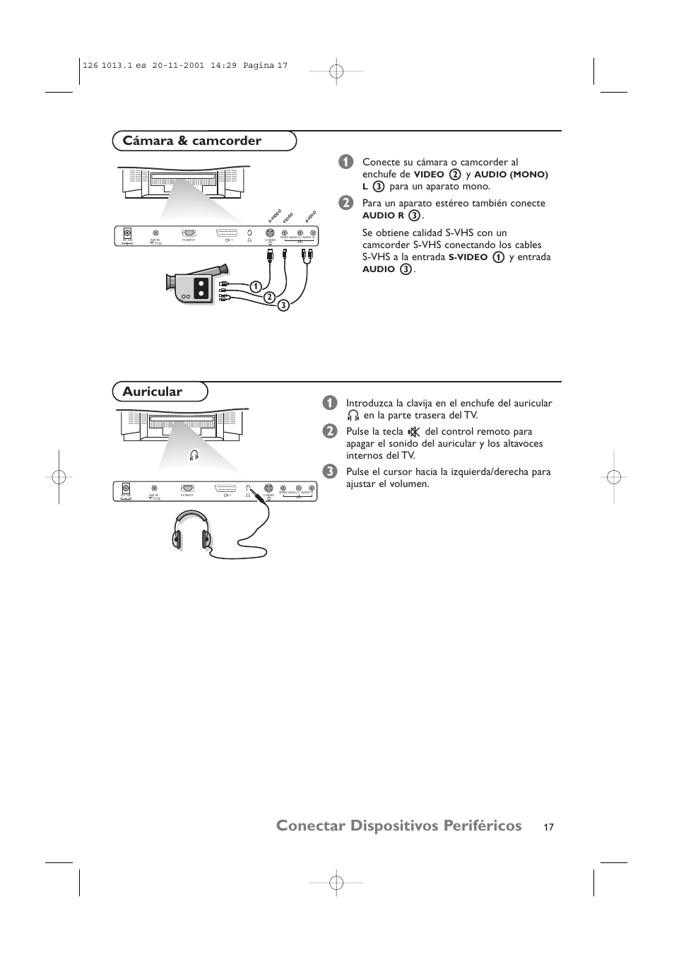 Conectar dispositivos periféricos, Auricular, Cámara & camcorder | Conecte su cámara o camcorder al enchufe de, 3 para un aparato mono, Para un aparato estéreo también conecte, 1 y entrada | Philips 20LCD35 User Manual | Page 118 / 142