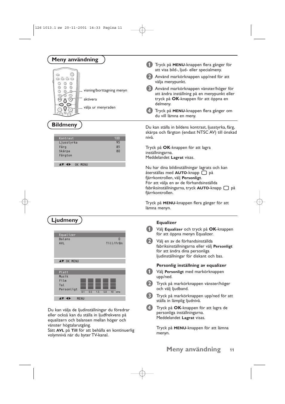 Meny användning, Bildmeny ljudmeny meny användning | Philips 20LCD35 User Manual | Page 132 / 142